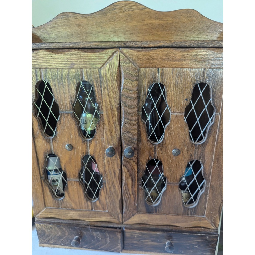 Vintage Wood Wall Spice Cabinet Lattice Doors 2 Drawers Glass Jars